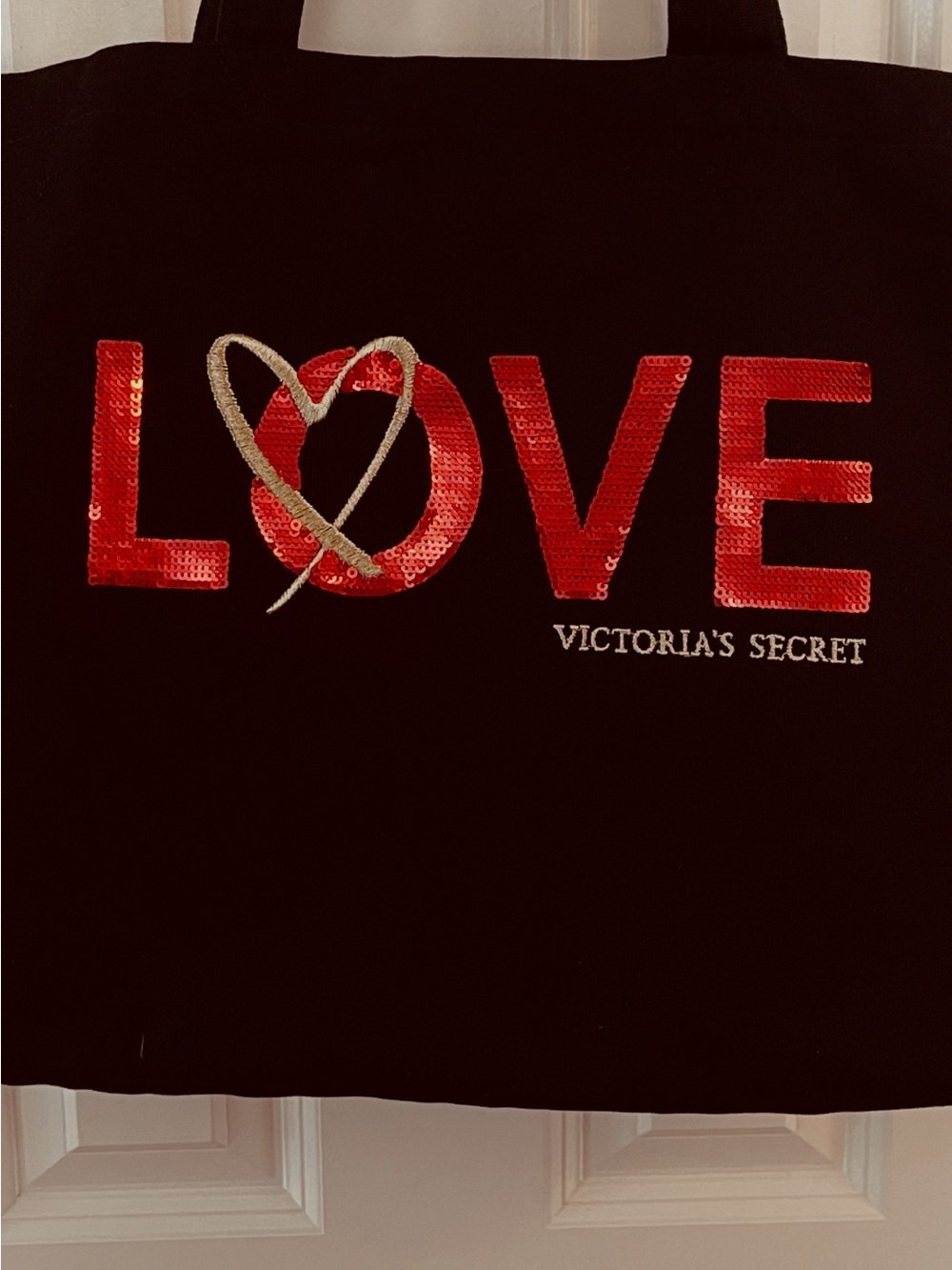 Victoria's Secret Black Tote with Red Sequin LOVE and Gold Heart